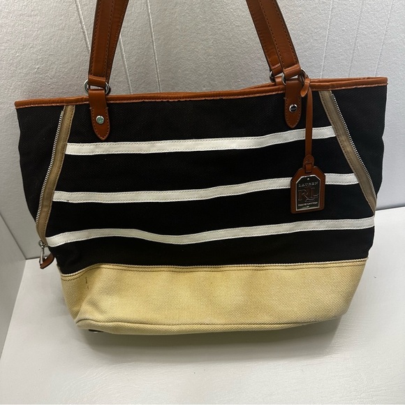 Lauren Ralph Lauren Black White Striped Canvas Tote Bag, Tan Base, Leather Trim - Picture 1 of 13